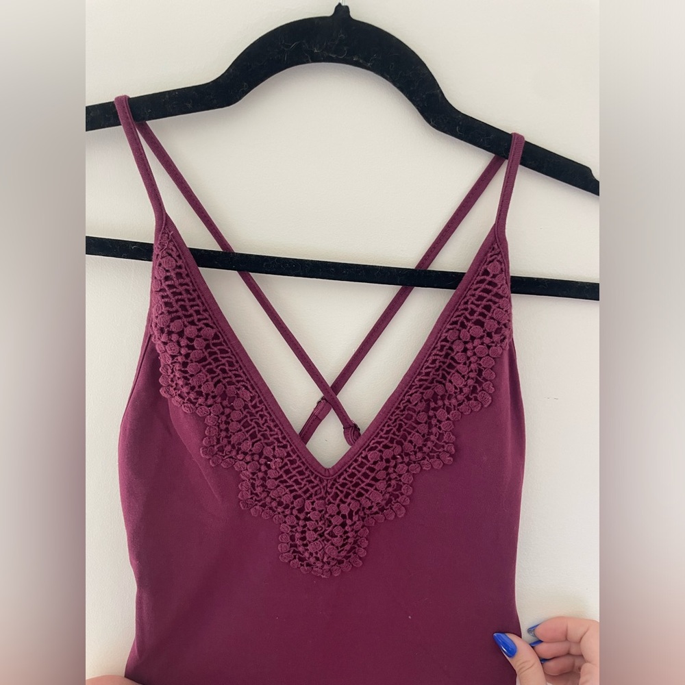 Maroon lace neckline v neck cross back body suit